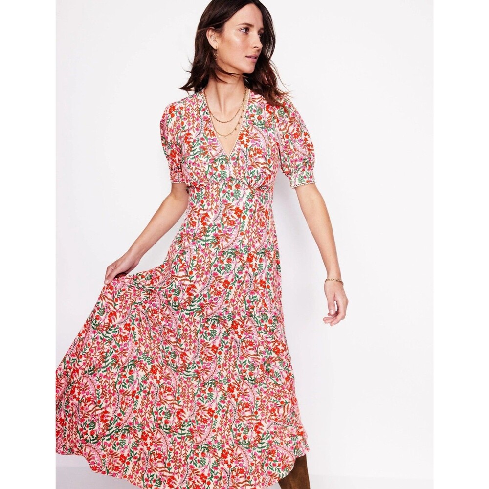Boden Rosie Godet Tea Dress Womens 6P Pockets in Pink Rose Foliage Bud Spring